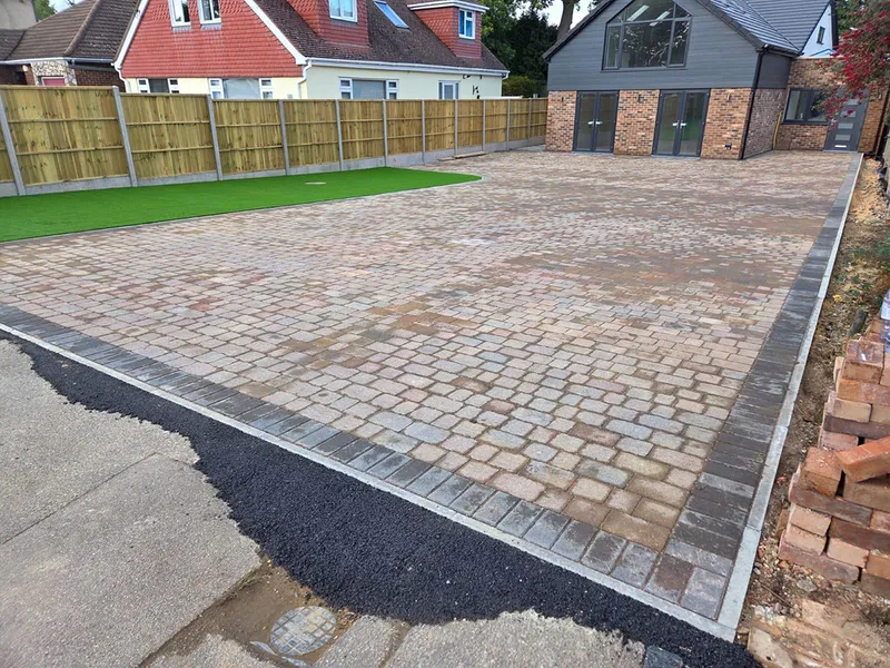 Completed block paved driveway and parking area in a mixed brindle finish, Kent