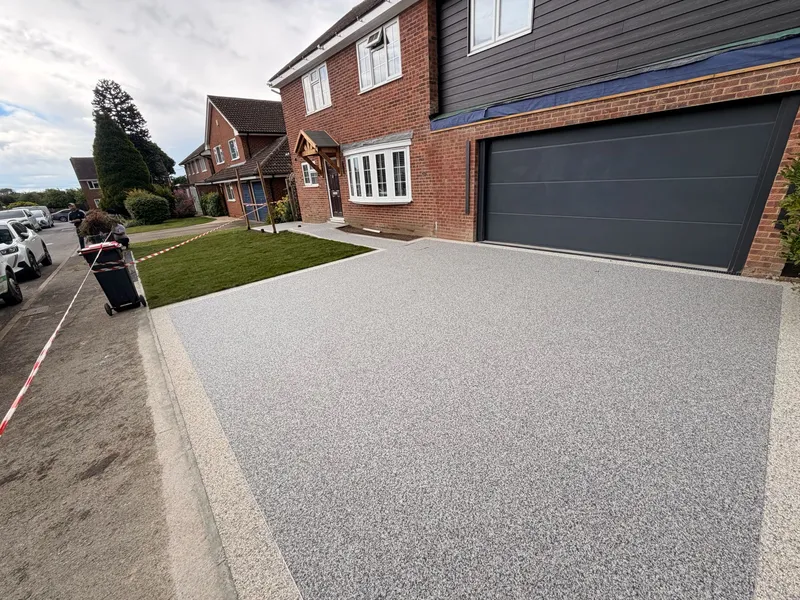 Completed resin bound driveway and lawn viewed from the road, Kent
