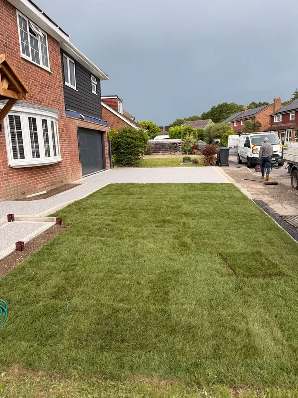New turf laid alongside the driveway once the groundwork was finished, Kent